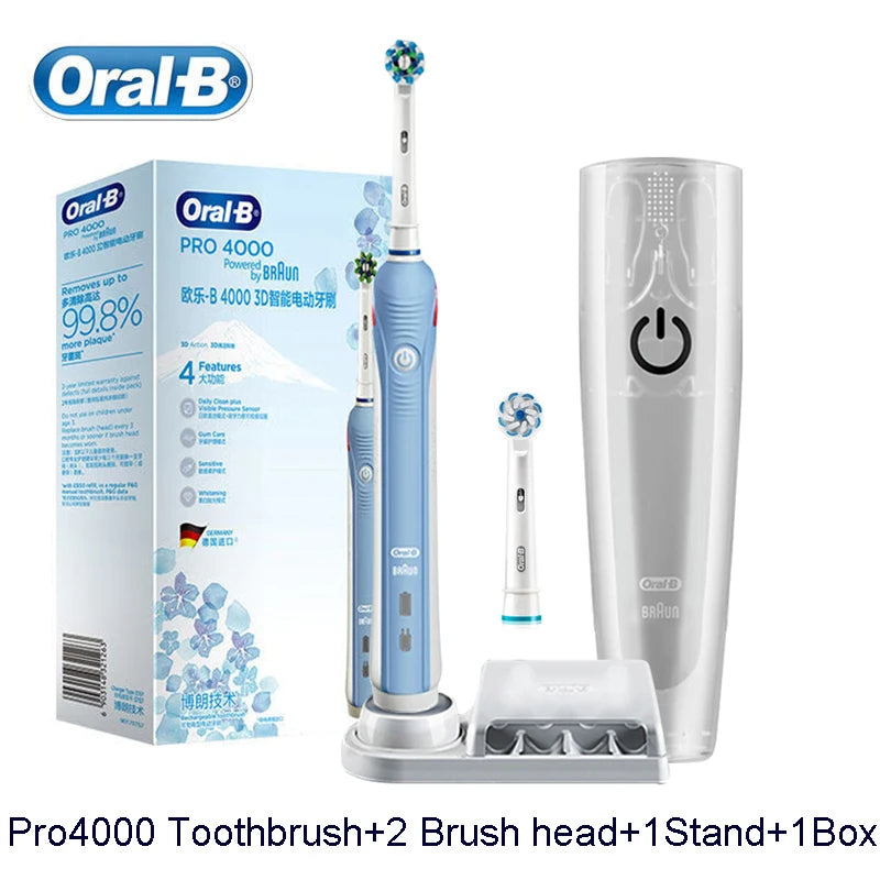 Oral B Pro4000 Electric Toothbrush 3D Action Clean 4 Modes Visible Pressure Sensor Whiter Teeth Rechargeable Adult's Toothbrush