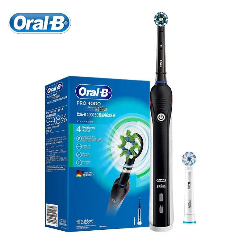 Oral B Pro4000 Electric Toothbrush 3D Action Clean 4 Modes Visible Pressure Sensor Whiter Teeth  Rechargeable Adult's Toothbrush