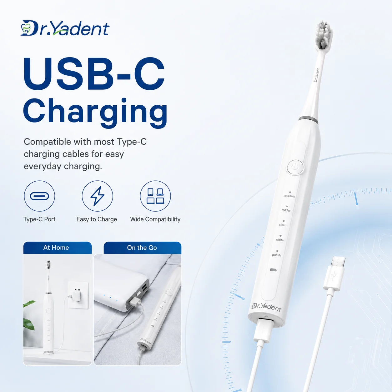 Dr.Yadent Sonic Electric Toothbrush for Adults 5 Modes Rechargeable Toothbrush IPX7 Waterproof 6 Brush Heads Type-C Gum Care