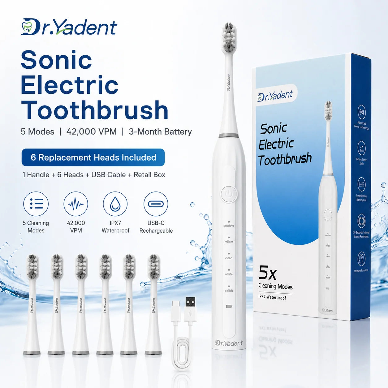 Dr.Yadent Sonic Electric Toothbrush for Adults 5 Modes Rechargeable Toothbrush IPX7 Waterproof 6 Brush Heads Type-C Gum Care