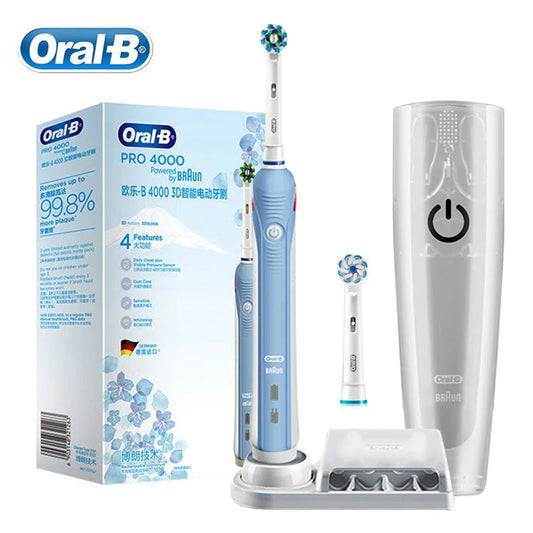 Oral B Pro4000 Electric Toothbrush 3D Action Clean 4 Modes Visible Pressure Sensor Whiter Teeth  Rechargeable Adult's Toothbrush