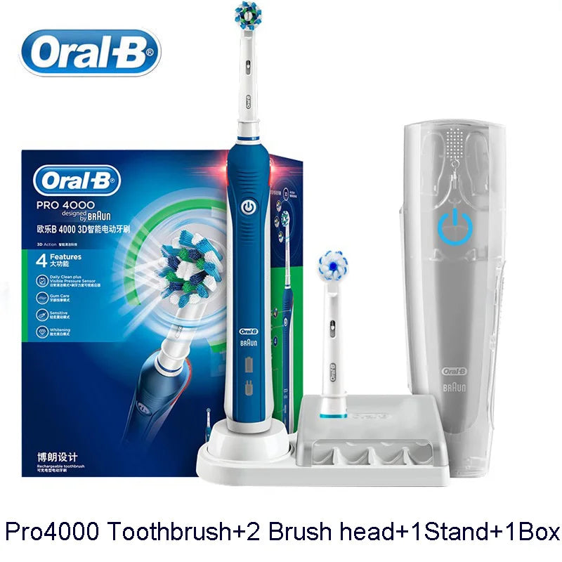 Oral B Pro4000 Electric Toothbrush 3D Action Clean 4 Modes Visible Pressure Sensor Whiter Teeth  Rechargeable Adult's Toothbrush