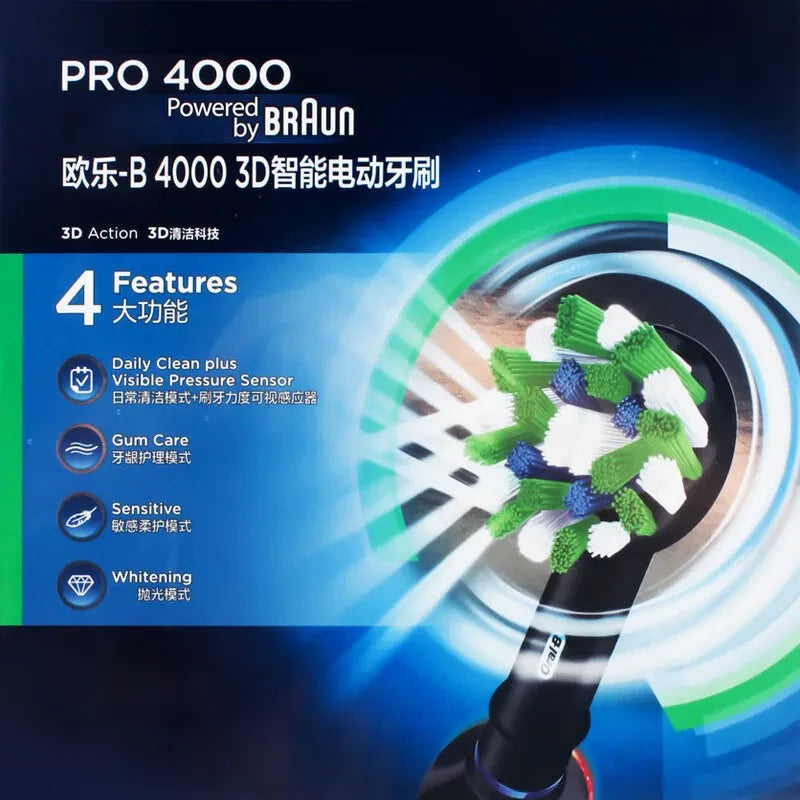 Oral B Pro4000 Electric Toothbrush 3D Action Clean 4 Modes Visible Pressure Sensor Whiter Teeth  Rechargeable Adult's Toothbrush