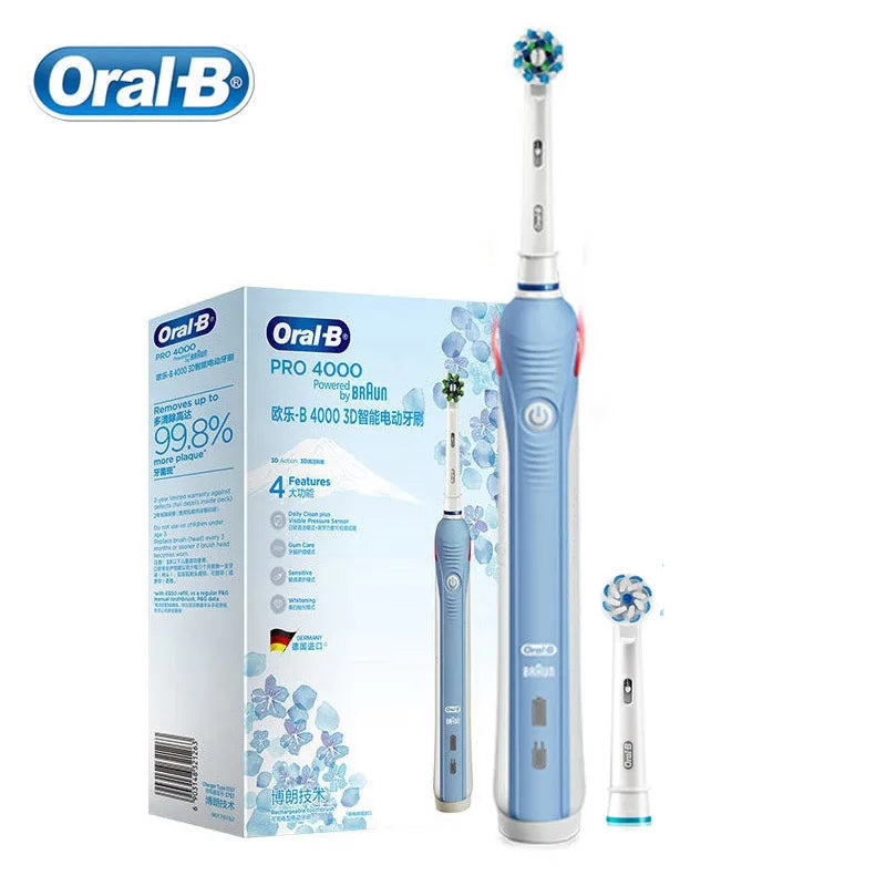Oral B Pro4000 Electric Toothbrush 3D Action Clean 4 Modes Visible Pressure Sensor Whiter Teeth  Rechargeable Adult's Toothbrush