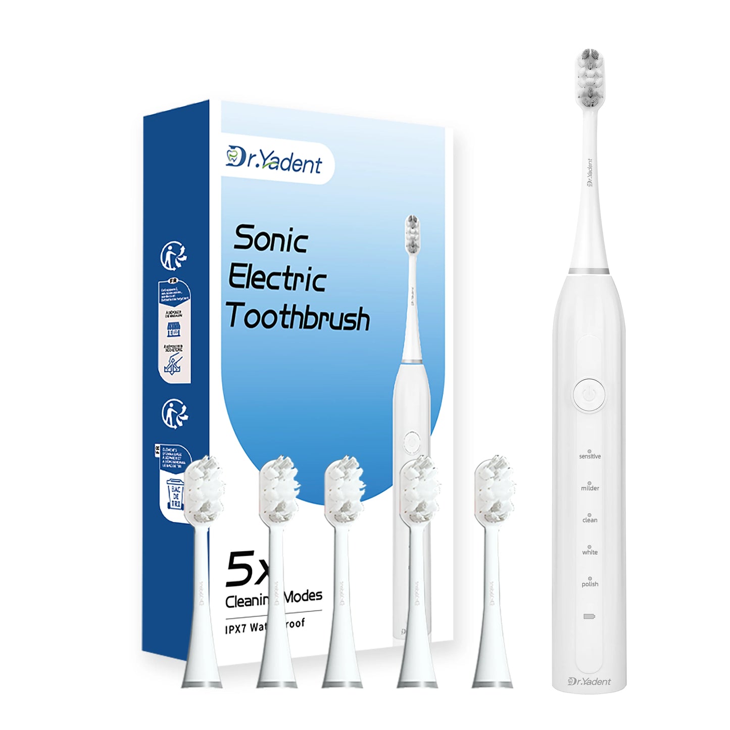Dr.Yadent Sonic Electric Toothbrush for Adults 5 Modes Rechargeable Toothbrush IPX7 Waterproof 6 Brush Heads Type-C Gum Care