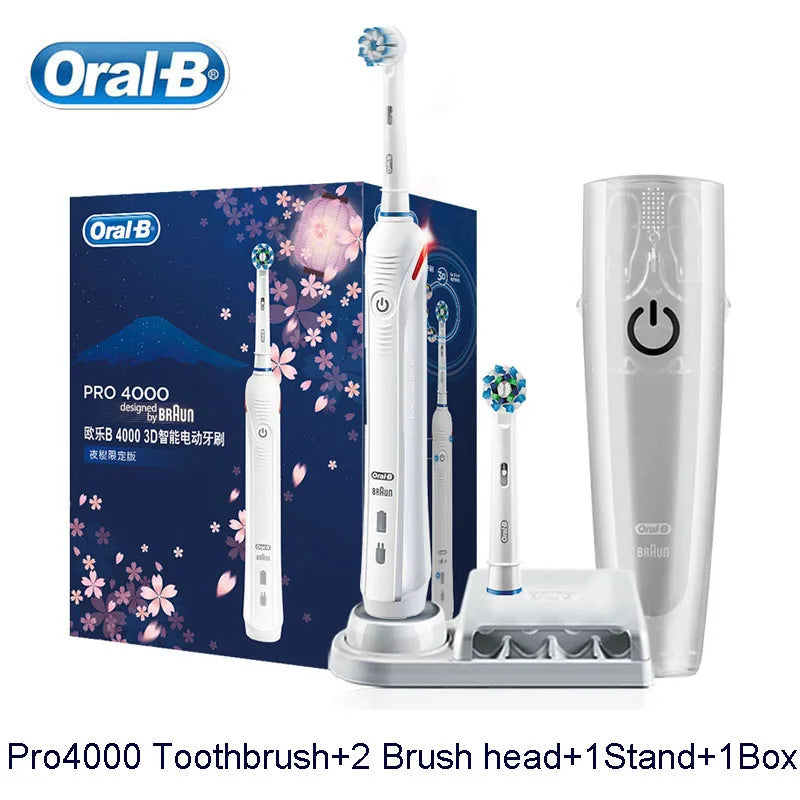 Oral B Pro4000 Electric Toothbrush 3D Action Clean 4 Modes Visible Pressure Sensor Whiter Teeth  Rechargeable Adult's Toothbrush