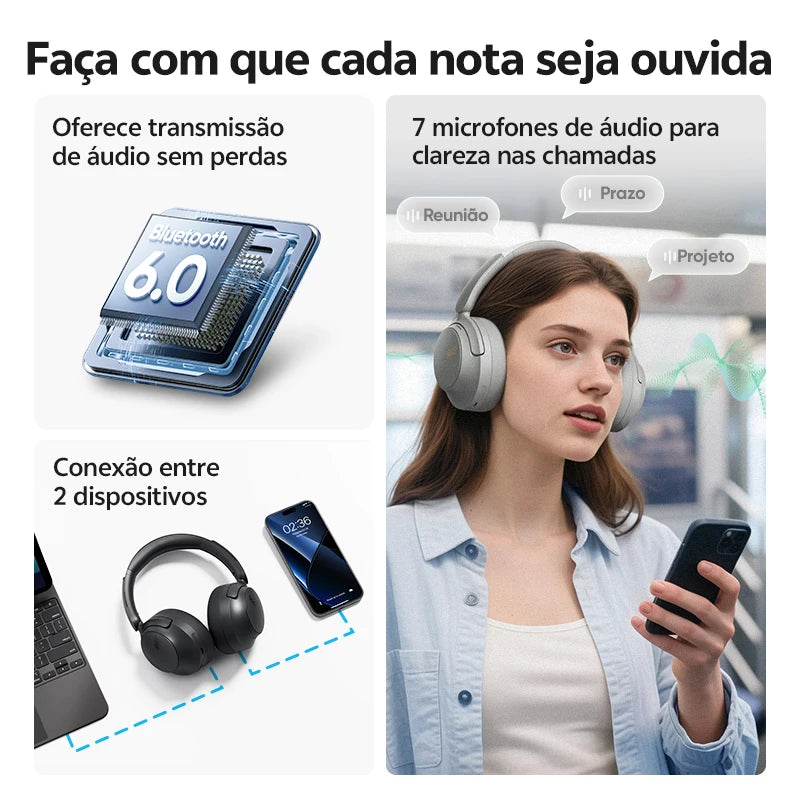 QCY ANC Wireless Headphone H3S 56dB Noise Canceling Hi-Res 3D Spatial Audio Earphone with LDAC Bluetooth 6.0 Over Ear Headset